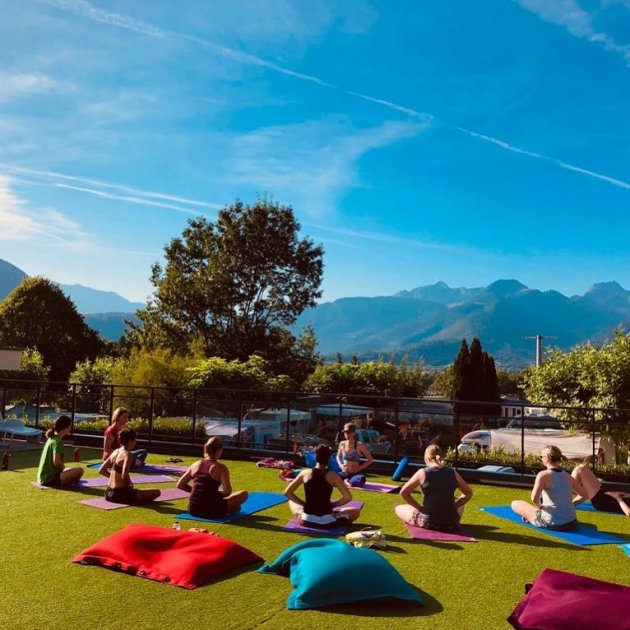 yoga on the sun terrace camping la ravoire annecy